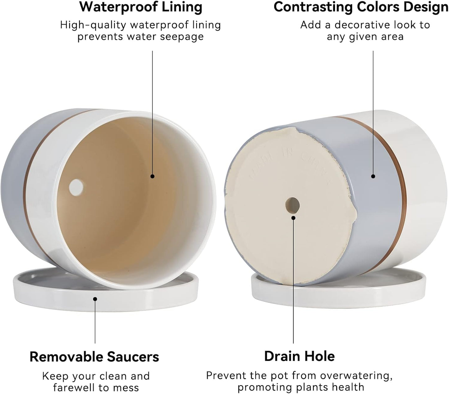 Ekirlin 6 inch Plant Pot - Ceramic Flower Planters Indoor - Modern Succulents Containers with Drain Hole Saucer, Decorate Home, Office & Outdoor (Grey)