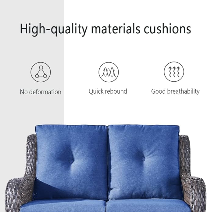 Wicker Outdoor Furniture Patio Furniture Set - 6 Piece Patio Conversation Set with Swivel Rocker Chairs, Loveseat Sofa, Ottomans and Coffee Table, Blue Cushion