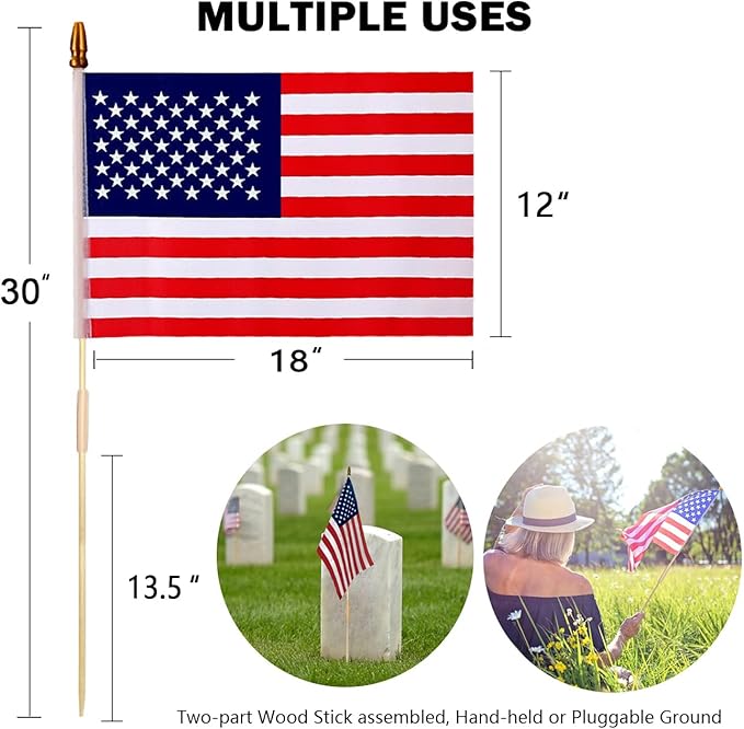 24 Pack 12x18 Inch American Flags For outside, US Flags with Kid-Safe Spear Top, Pluggable ground Multi-Purpose wood Flagpole , Patriotic Decorations, Memorial Day, 4th of July decorations,Independence Day Patriotic Holiday Yard Garden Flags