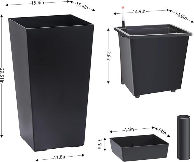30" Tall Planters Set of 2, Outdoor＆Indoor Black Planter Pots, High Front Porch Planter Pots with Drainage Holes＆Water Level Monitor Movable Wheels ＆Inner Bucket, Automatic Watering,Black