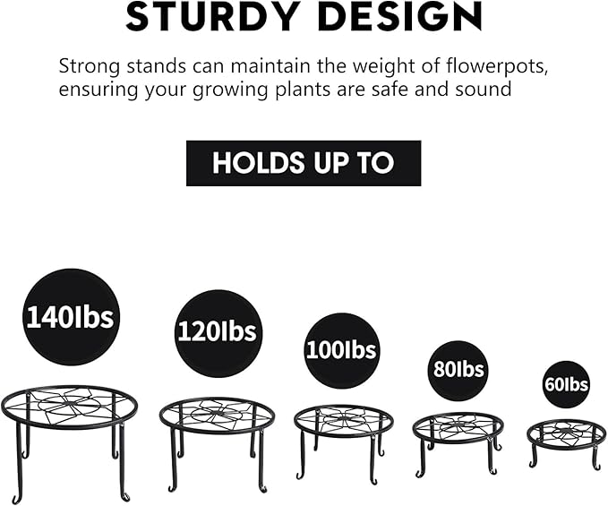 5 Pack Metal Plant Stands,Heavy Duty Potted Holder for Flower Pot,Indoor Outdoor Metal Rustproof Iron Garden Container Round Supports Rack for Planter…