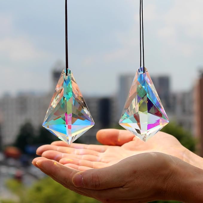 2PCS 5" Large Crystal Sun Catcher Prisms, STINO Hanging Suncatchers with Glass Prism, Rainbow Maker for Windows, Balcony, Kitchen, Garden Decoration (1, Chunky Cone 2Pcs)