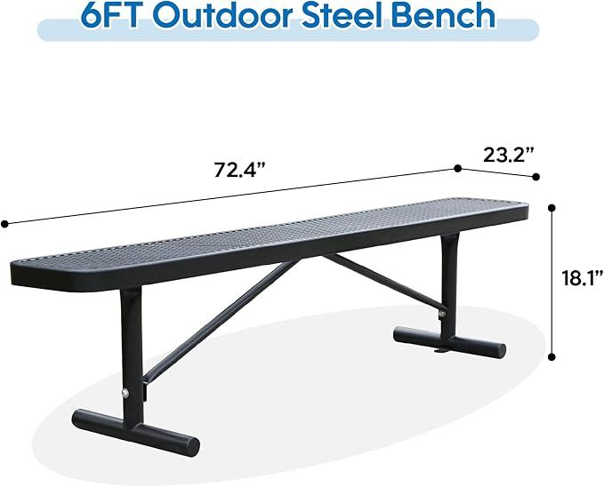 72" L Steel Flat Bench Garden Bench, Black Outdoor Park Bench Weather-Resistant Steel Metal, Patio Seating for Front Porch Backyard Park Outside, Metal Benches for Outside to dodrill to Ground