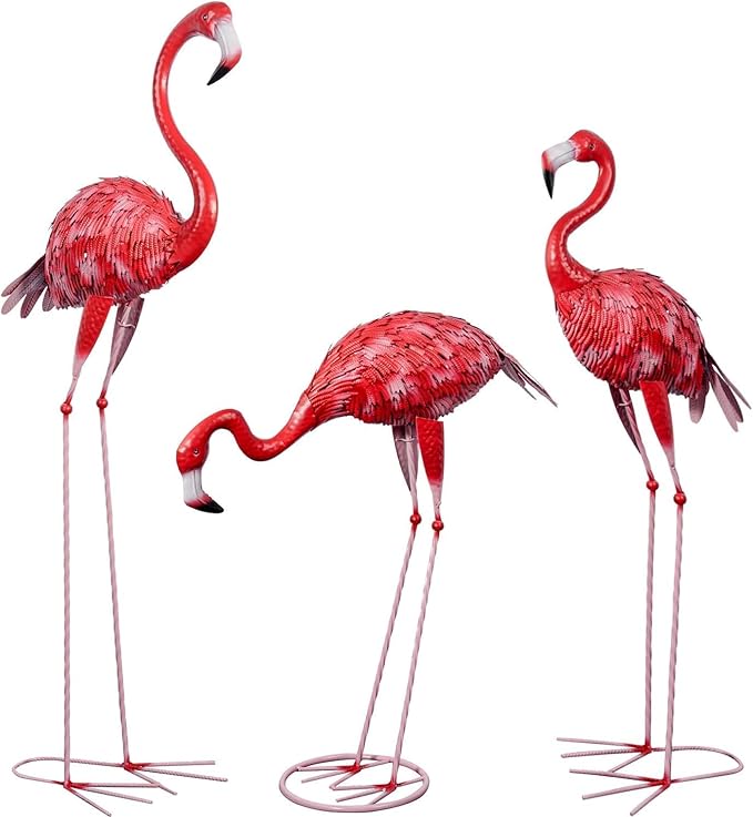 3Pcs Metal Flamingo Statues, Hot Pink Flamingo Outdoor Decor for Garden Home Patio Lawn Backyard Ornaments