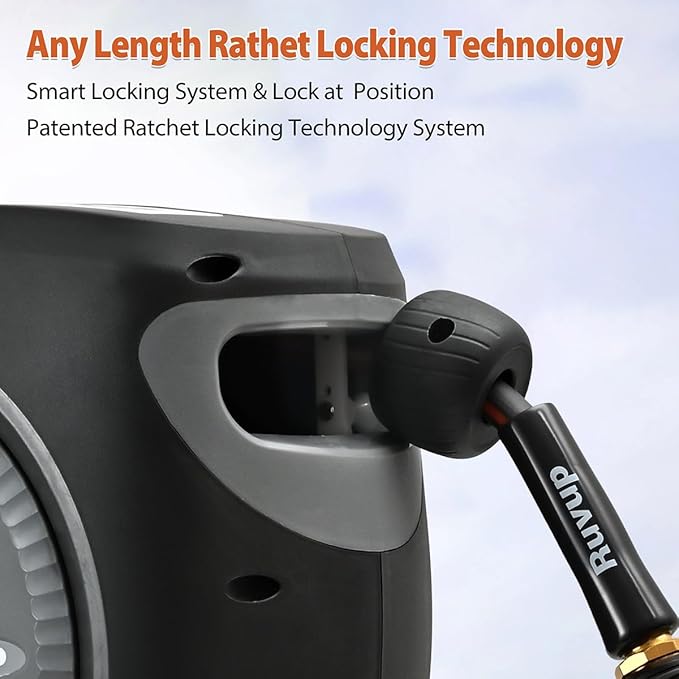 Ruvup Retractable Garden Hose Reel, 1/2in x 50ft Water Hose Reel with 10 Style Nozzle, UV Resistant Automatic Gardening Hose Reel Wall Mount for Outside, Slow Retraction Any Length Lock 180° Swivel