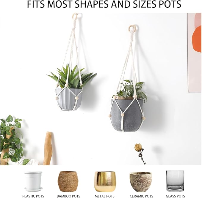 Artilady Hanging Planter for Indoor Plants Macrame Plant Hanger Large Hanging Plant Holder with Adjustable Beads Plants Basket White Rope Boho Plant Wall Decor
