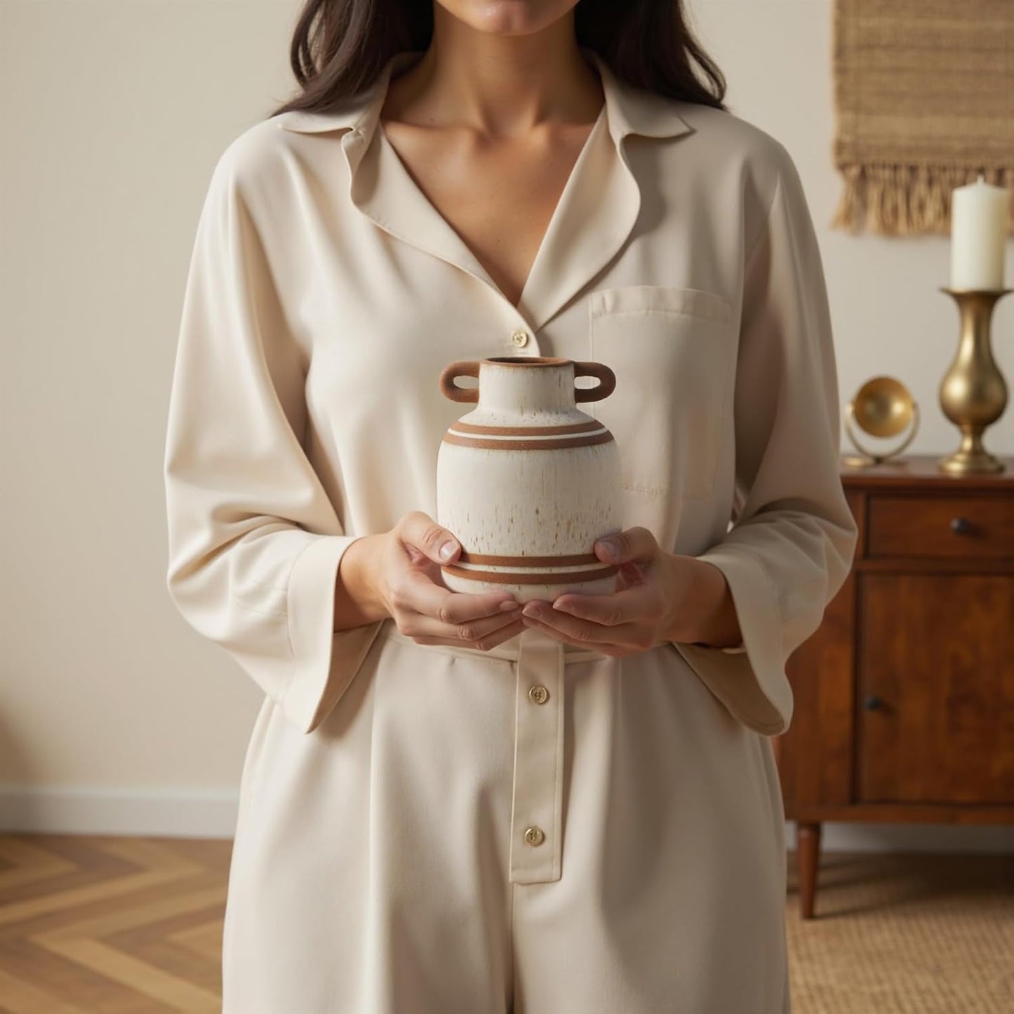 Rustic Farmhouse Ceramic Vase, Pastoral with 2 Ear Design, Boho Vintage Terracotta Vases for Bouquet、Fake Plants, Suitable for Home Decor, Shelf, Dining Table, Living Room, Mantle, Bathroom, 5.9 Inch