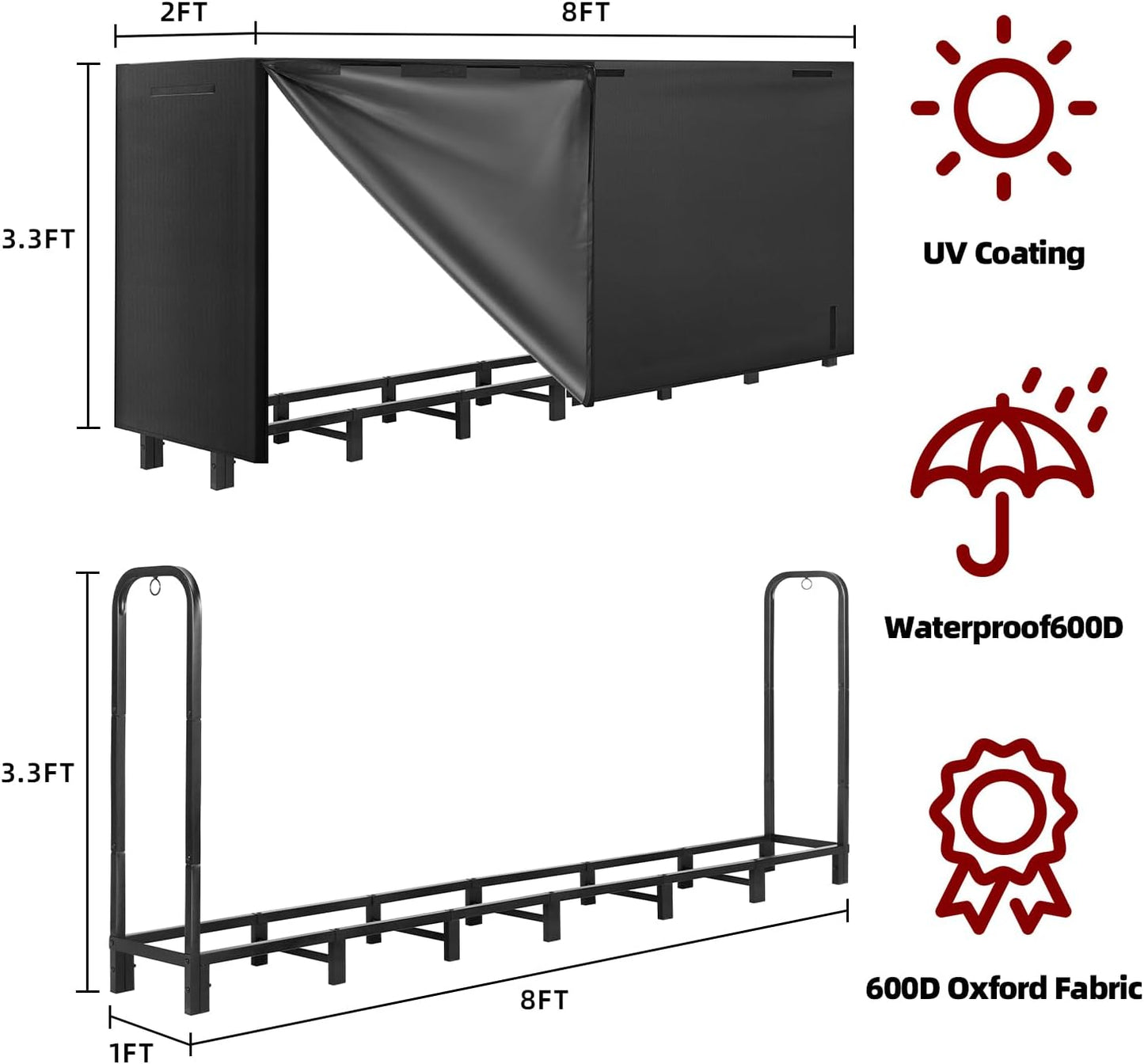8FT Firewood Rack with Waterproof Cover,Heavy Duty Firewood Storage Log Holder for Outdoor&Indoor,Fireplace Wood Rack with 600D Oxford Fabric