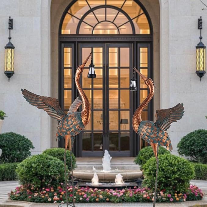 48'' Heron Garden Statue, Large Crane Outdoor Statue with Solar Lantern, Crane Bird Metal Yard Art for Outside Backyard, Pond, Porch Decor