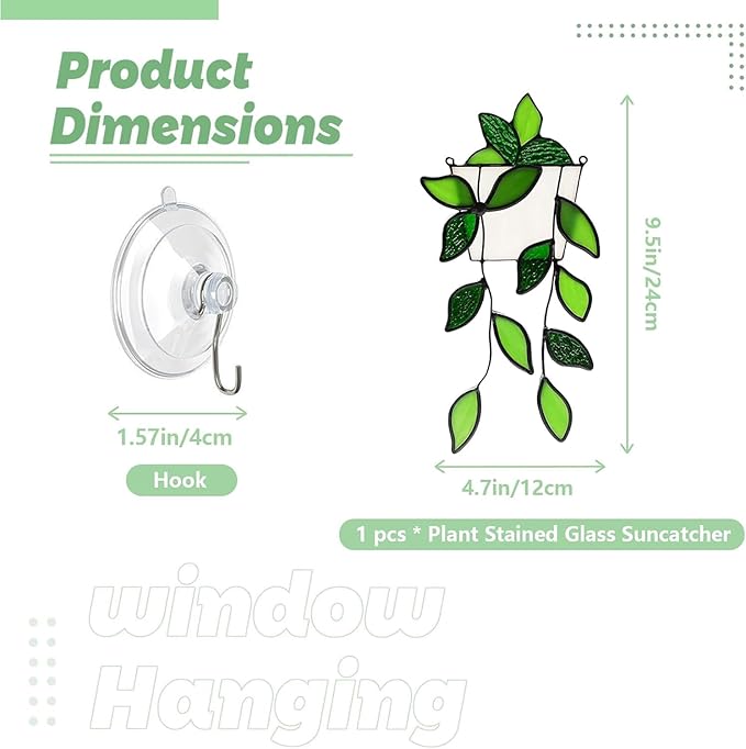 Stained Glass Window Hanging Green Plant Window Suncatcher Handcrafted Green Faux Plant Window Wall Glass Panel Decor for Plant Lovers,Unique Home Indoor&Outdoor Decor