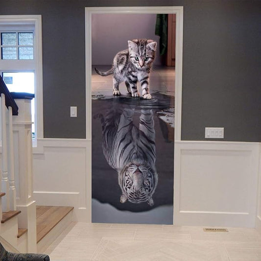 3D Door Stickers Murals Peel and Stick - Cat Becomes Tiger - Door Wallpaper Self-Adhesive Decals Removable PVC Waterproof Poster for Bedroom Living Room 30.3" x 78.7"