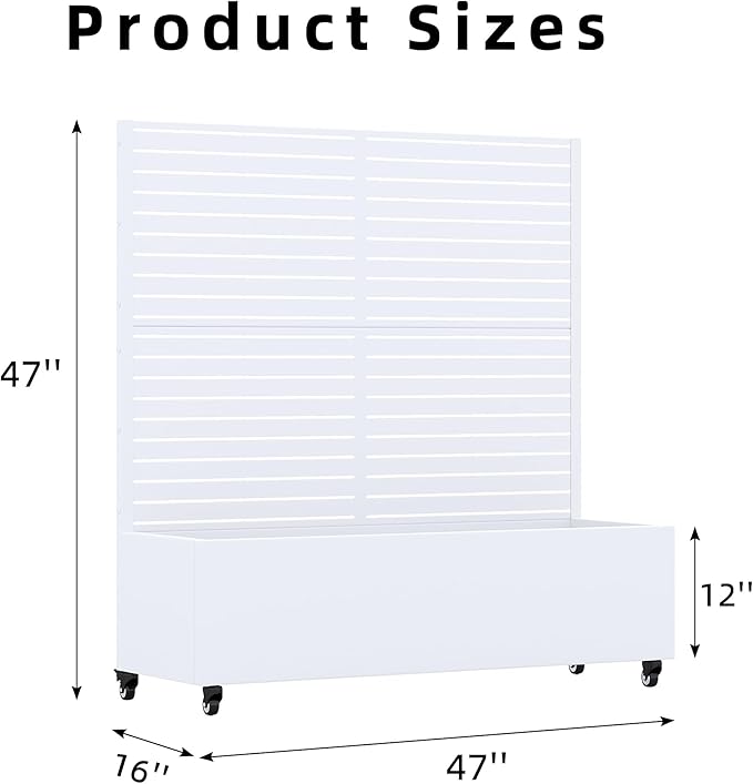 Casaphoria Metal Raised Garden Bed with Trellis and Wheels, 47"x47"x16" Planter Box for Climbing Plants, Vegetables & Vines, Features Drainage Holes and Privacy Screen (White-Louvered)