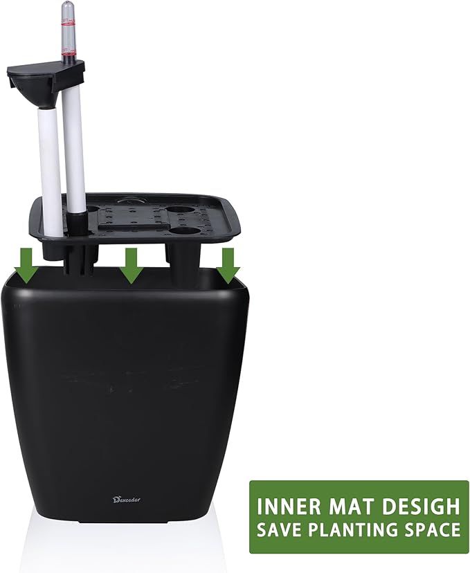 Dexceder 18x17 Self Watering Planter with Wheels Indoor Outdoor, Inner Mat Design, Thickened Large Floor Standing Flower Plant Pot with Water Level Indicator (Black Matte)