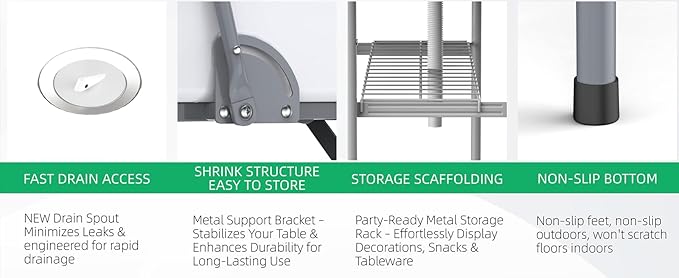 Portable Folding Ice Cooler Table with Skirt & Drain & Shelving, Outdoor Foldable Drink Ice Table with Storage for Camping, Picnics, BBQ & Parties,