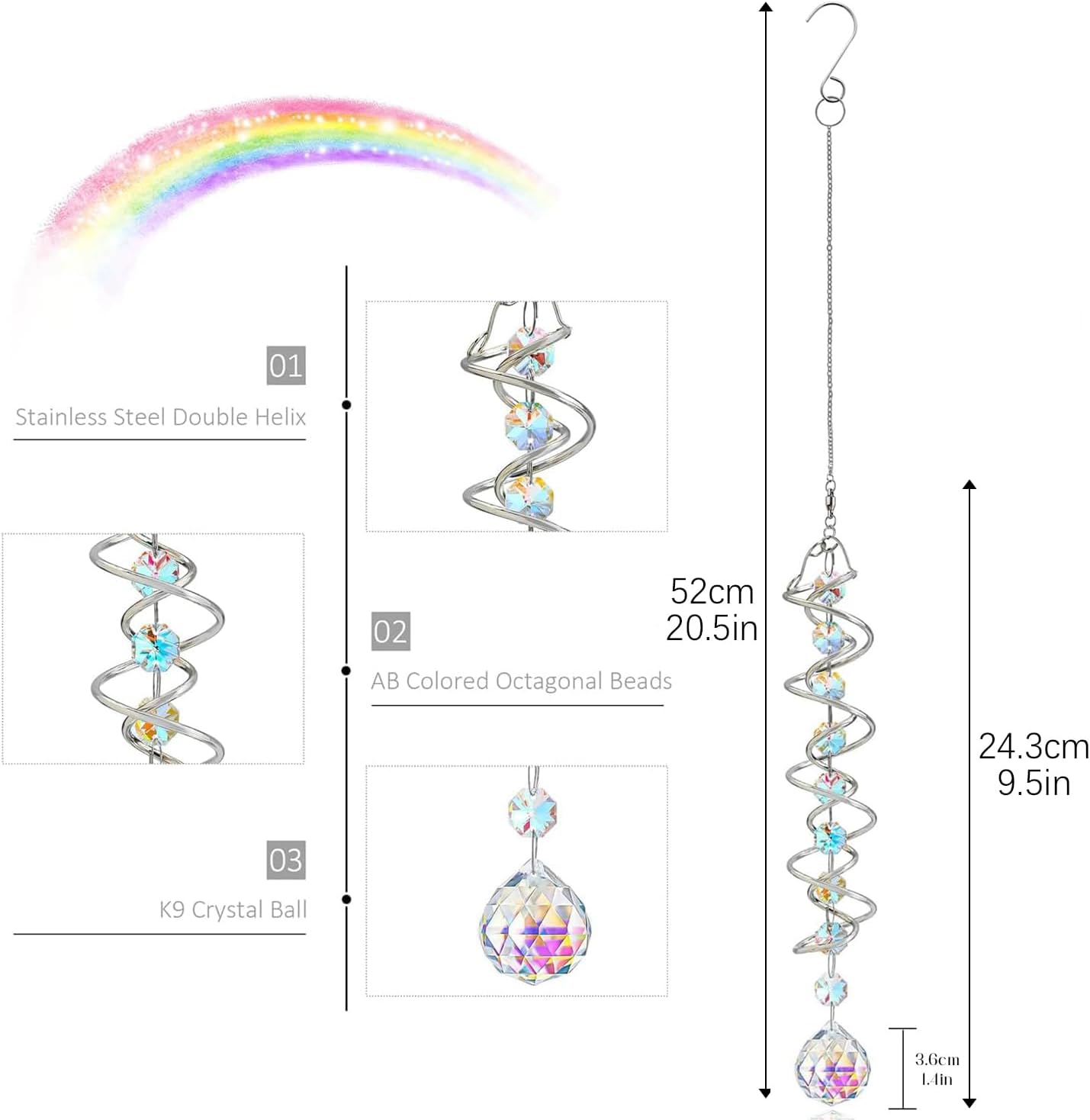 H&D HYALINE & DORA 20.5in Crystal Sun Catcher,Colorful Hanging Suncatcher with Octagonal Beads and Chain,Gazing Ball Spiral Tail,Rainbow Crystals for Indoor Outdoor Garden Decoration
