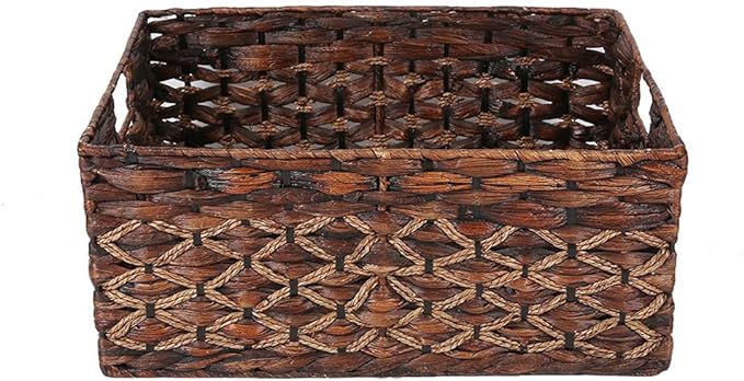 Rectangular Wicker Storage Basket, Dark Water Hyacinth Basket With Inside Handles Shelves Kitchen Office Desk (Large)