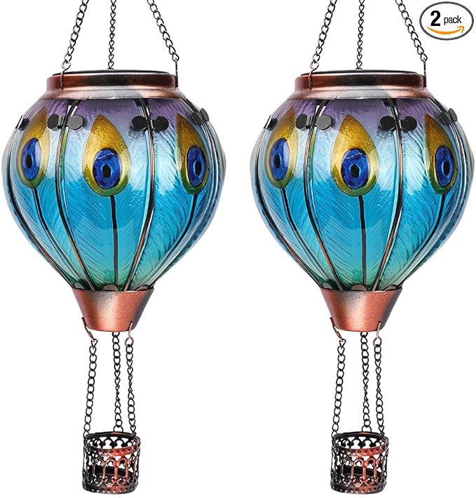 2PC Hot Air Balloon Solar Lantern with 2PC Shepherd Hook, Flickering Flame Hanging Solar Lanterns Outdoor Lights Waterproof Lanterns for Garden Patio Yard Party Decor (Peacock Feather Blue)