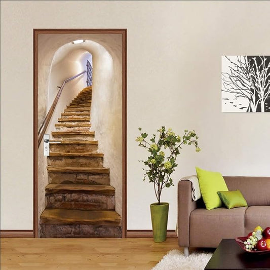 3D Door Stickers Murals - Peel and Stick - Stairs - Door Wallpaper - Self-Adhesive - Removable - PVC - Waterproof - Brown - Modern - 33.9" x 78.7"
