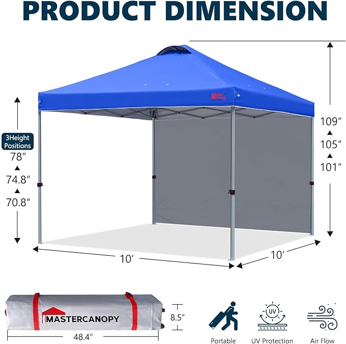 MASTERCANOPY Durable Pop-up Canopy Tent with 1 Sidewall (10'x10',Blue)