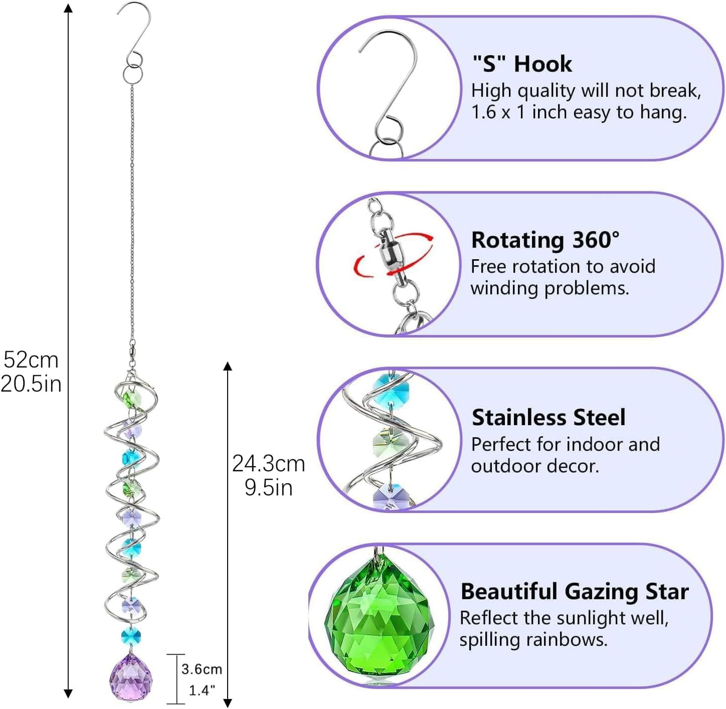 H&D HYALINE & DORA Set of 3 Crystal Sun Catcher for Window Hanging Double-Spiral Gazing Ball Spiral Tail Rainbow Maker Wind Spinners Outdoor for Garden, Patio, Porch, Christmas