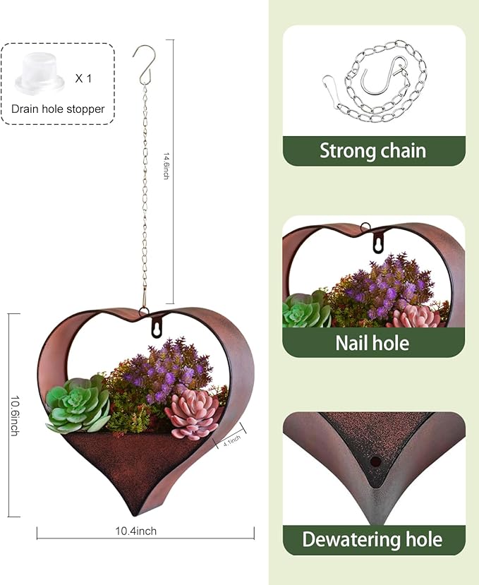 Metal Hanging Planters for Indoor & Outdoor Plants - Heart Shaped Planters for Wall or Window,Garden Patio or Indoor Decor for Women(Cooper)