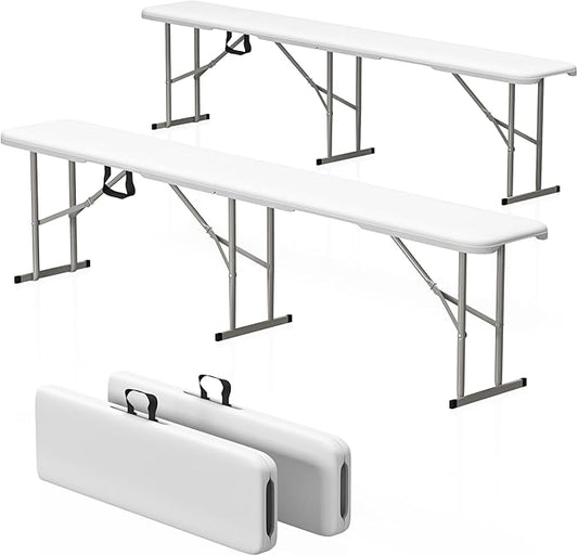 6ft HDPE Folding Bench, Foldable Seat with Sturdy Frame and Security Lock for Indoor and Outdoor, Multipurpose Entertaining Activities, Portable and Easy to Store, 2 Pack, White