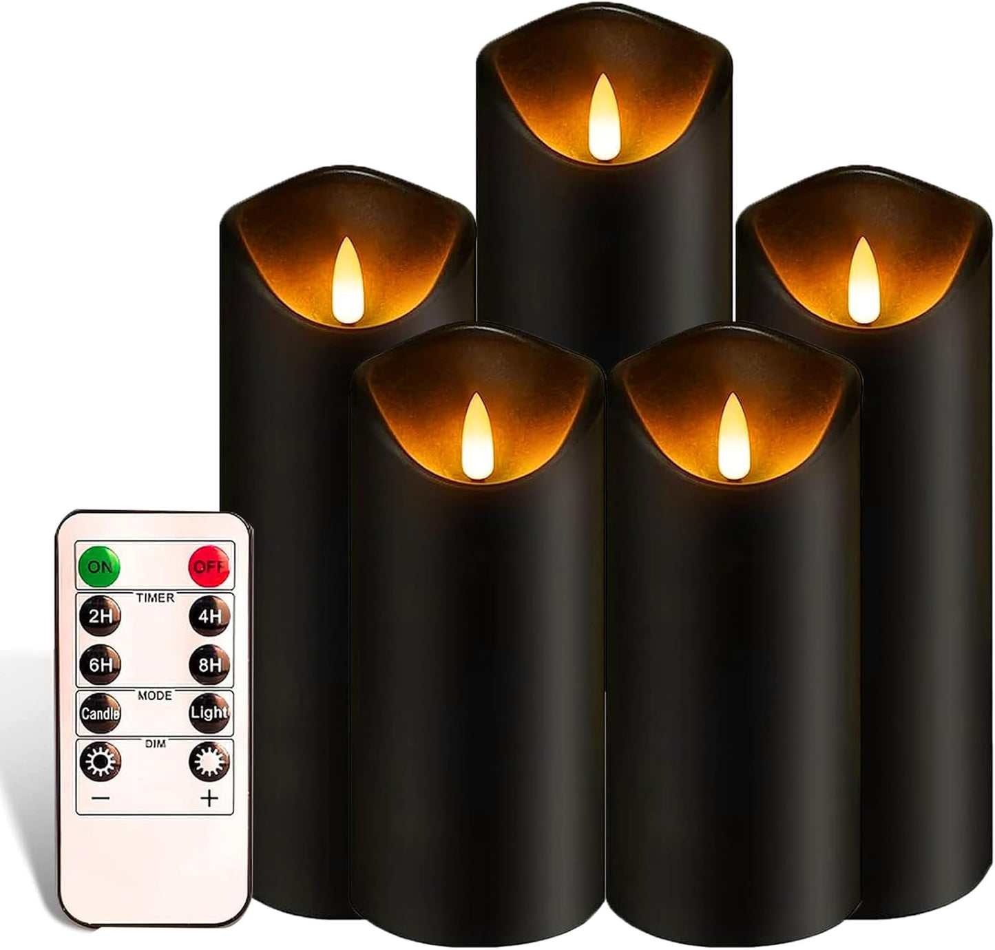 Black Pillar Flameless Candles 3D Wick with Controller,led Slim Candles Flicering Flame,Battery Operated Fake Plastic Candles for Halloween Christmas,Party Décor.(5Pack H 5" 5" 6" 6" 7" x D 2.2")
