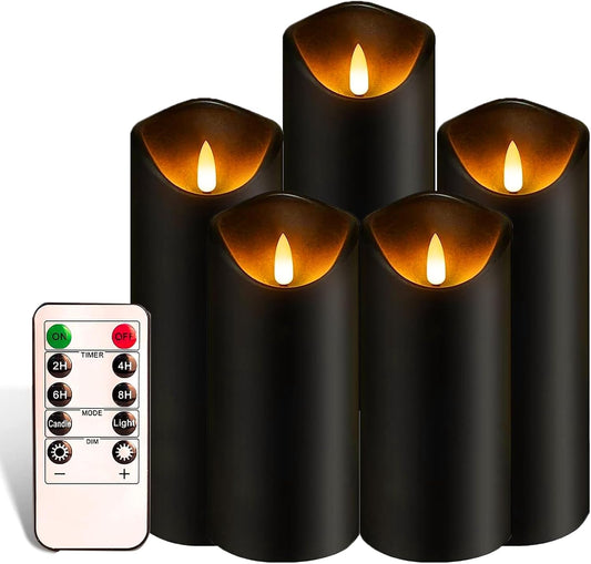 Black Pillar Flameless Candles 3D Wick with Controller,led Slim Candles Flicering Flame,Battery Operated Fake Plastic Candles for Halloween Christmas,Party Décor.(5Pack H 5" 5" 6" 6" 7" x D 2.2")