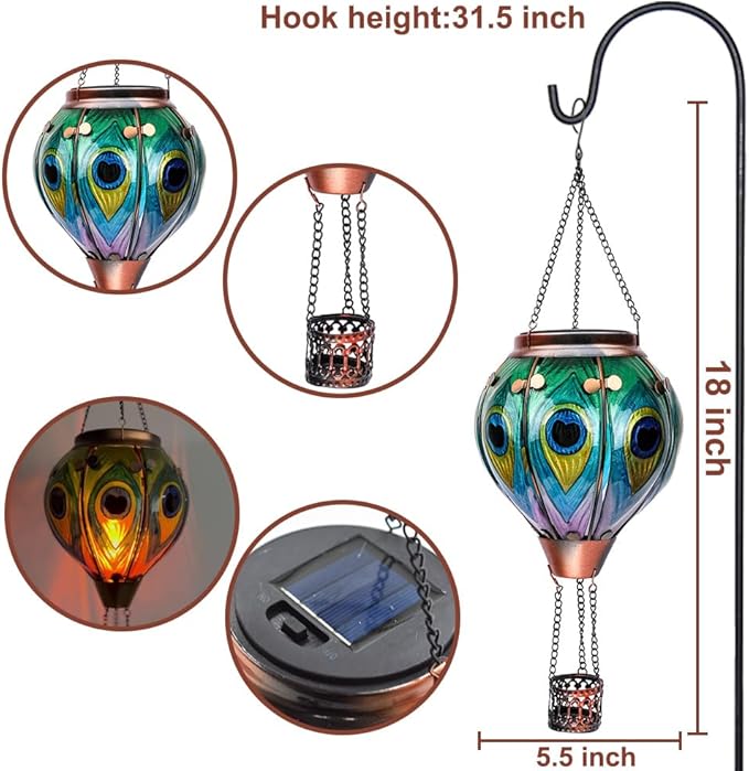 2PCS Solar Hot Air Balloon Lanterns with Flame with Shepherd's Hooks, Glass Hanging Flickering Lights Outdoor Waterproof for Garden Tree Yard Patio Mother's Day Gift, 18" H Peacock Green