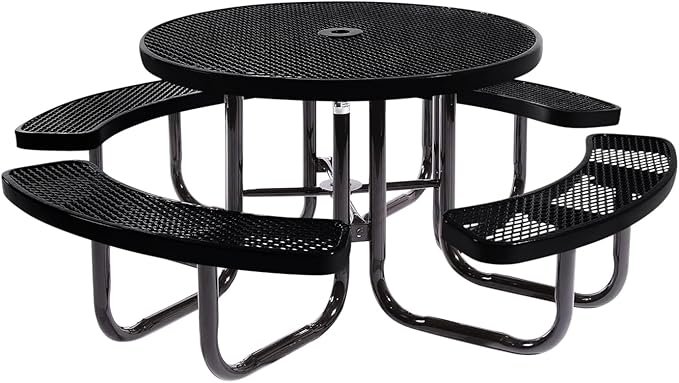 Heavy-Duty Portable Outdoor Picnic Table with Umbrella Hole, Expanded Metal Commercial-Grade Patio Dining Furniture Made in America (46" Round Top, Black)