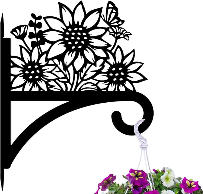 Peacoblue Iron Plant Hangers Hooks for Outdoor Indoor Hanging Plants Flower Fern Pots Lantern Bird Feeder Wind Chimes, 12"x15" Weather Resistant Metal Wall Holder for Porch Garden Farmhouse(Sunflower)