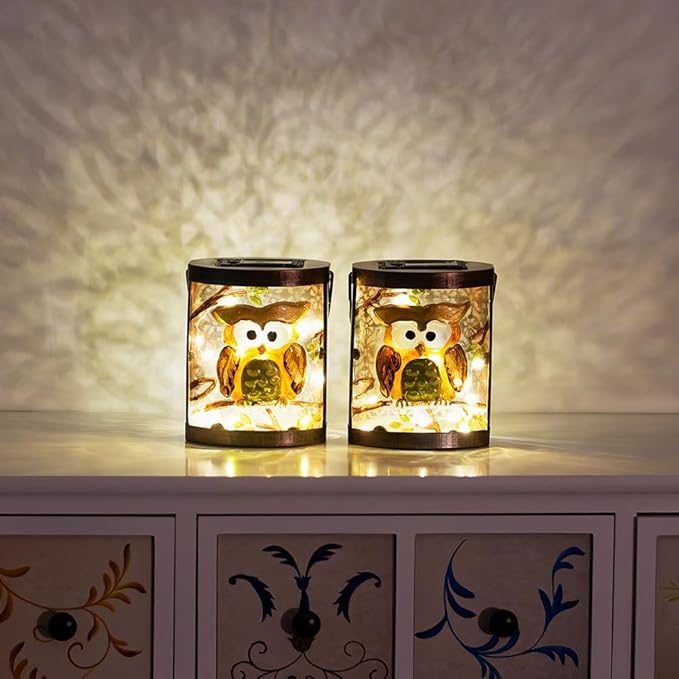 2 Pack Owl Solar Lanterns Outdoor Waterproof, Hanging Glass Solar Lantern with LED Light for Garden Yard