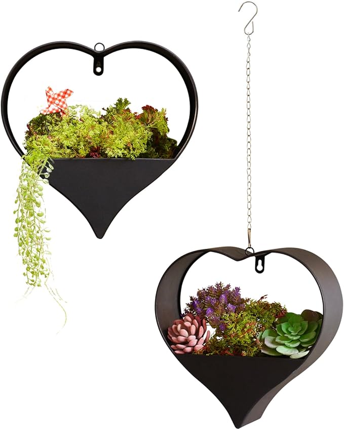 Metal Hanging Planters for Indoor & Outdoor Plants -12 Inch Heart Shaped Planters for Wall or Window,Garden or Indoor Decor for Women(Black)