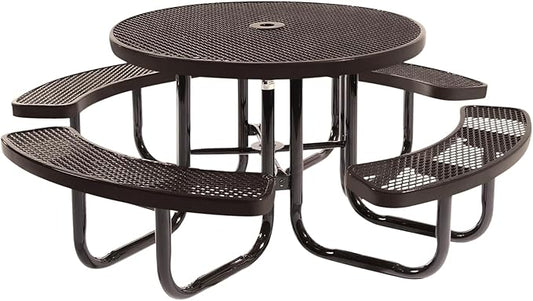 Heavy-Duty Portable Outdoor Picnic Table with Umbrella Hole, Expanded Metal Commercial-Grade Patio Dining Furniture Made in America (46" Round Top, Brown)