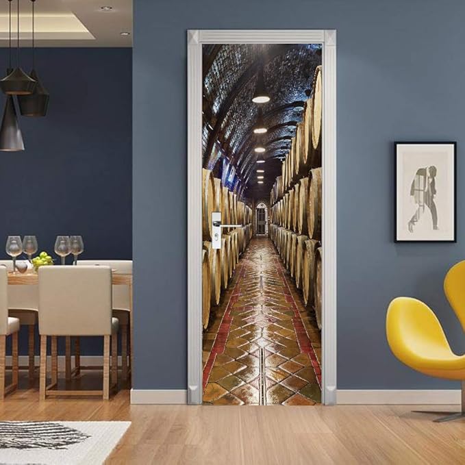 3D Peel and Stick Murals - Wine Cellar Theme - Removable PVC Waterproof Door Poster, 35.4" x 78.7" for Bedroom and Living Room