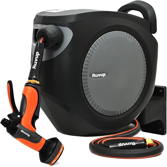 Ruvup Retractable Garden Hose Reel, 1/2in x 50ft Water Hose Reel with 10 Style Nozzle, UV Resistant Automatic Gardening Hose Reel Wall Mount for Outside, Slow Retraction Any Length Lock 180° Swivel