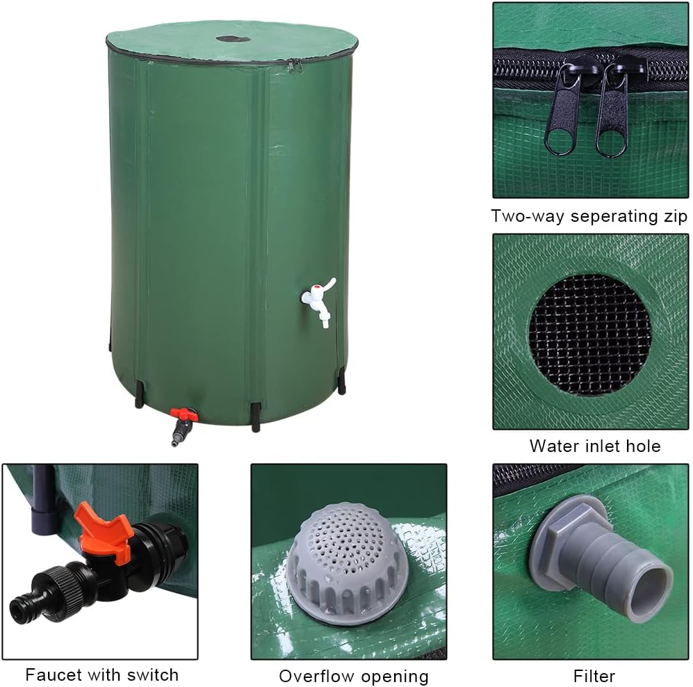 Collapsible Rain Barrel, 132 Gallon Portable Rainwater Collection System, Water Storage Tank, Rain Catcher Barrel with Two Spigots and Overflow Kit, Rain Water Barrel Collector for Garden, Green