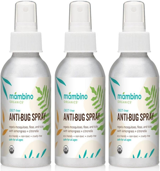 Anti-Bug Spray DEET-Free – Organic, All-Natural Bug Spray Travel Size with Essential Oils – Non-Toxic, Reef Safe, Face-Safe Bug Repellent for Babies, Kids, Adults by Mambino Organics, 2.7oz 3-Pack
