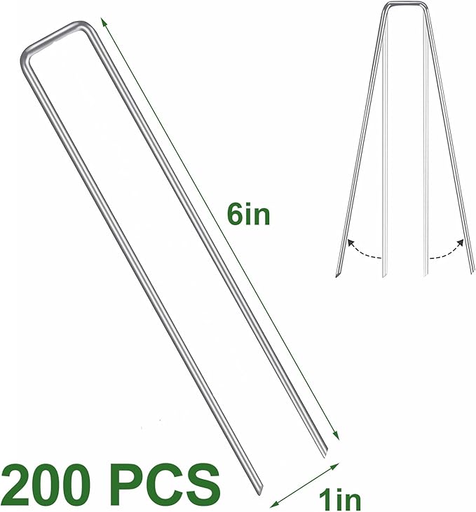 6 Inch Garden Stakes Galvanized Landscape Staples Green U-Type Turf Staples for Artificial Grass Rust Proof Sod Pins Stakes for Securing Yard Fences Weed Barrier Outdoor Tents Tarps (Silver 200)