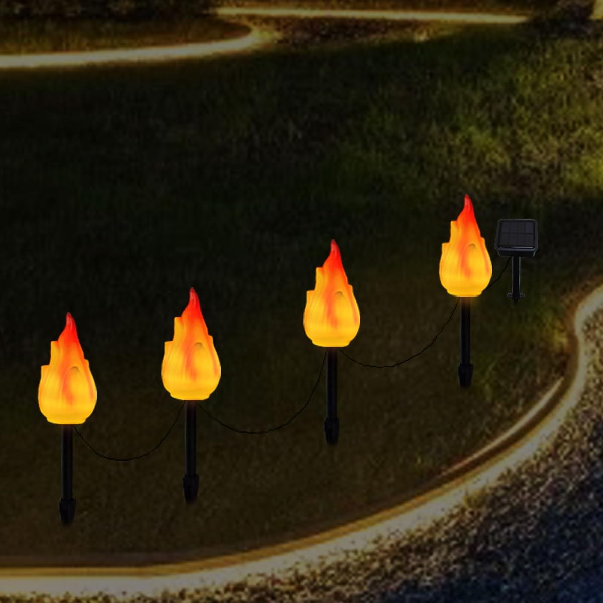 1 Solar by 4 Flame Lamps, Outdoor Courtyard Atmosphere Camping Light, Waterproof Ground Inserting Décor Lights (4 Flame Lamp)