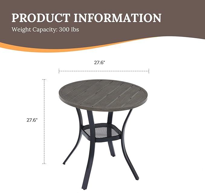 VICLLAX 27.5" Outdoor Round Patio Table for Lawn Garden, All Weather Metal Round Patio Dining Table with Storage Shelf, 2 Person Small Patio Table, Grey Wood-Like Tabletop