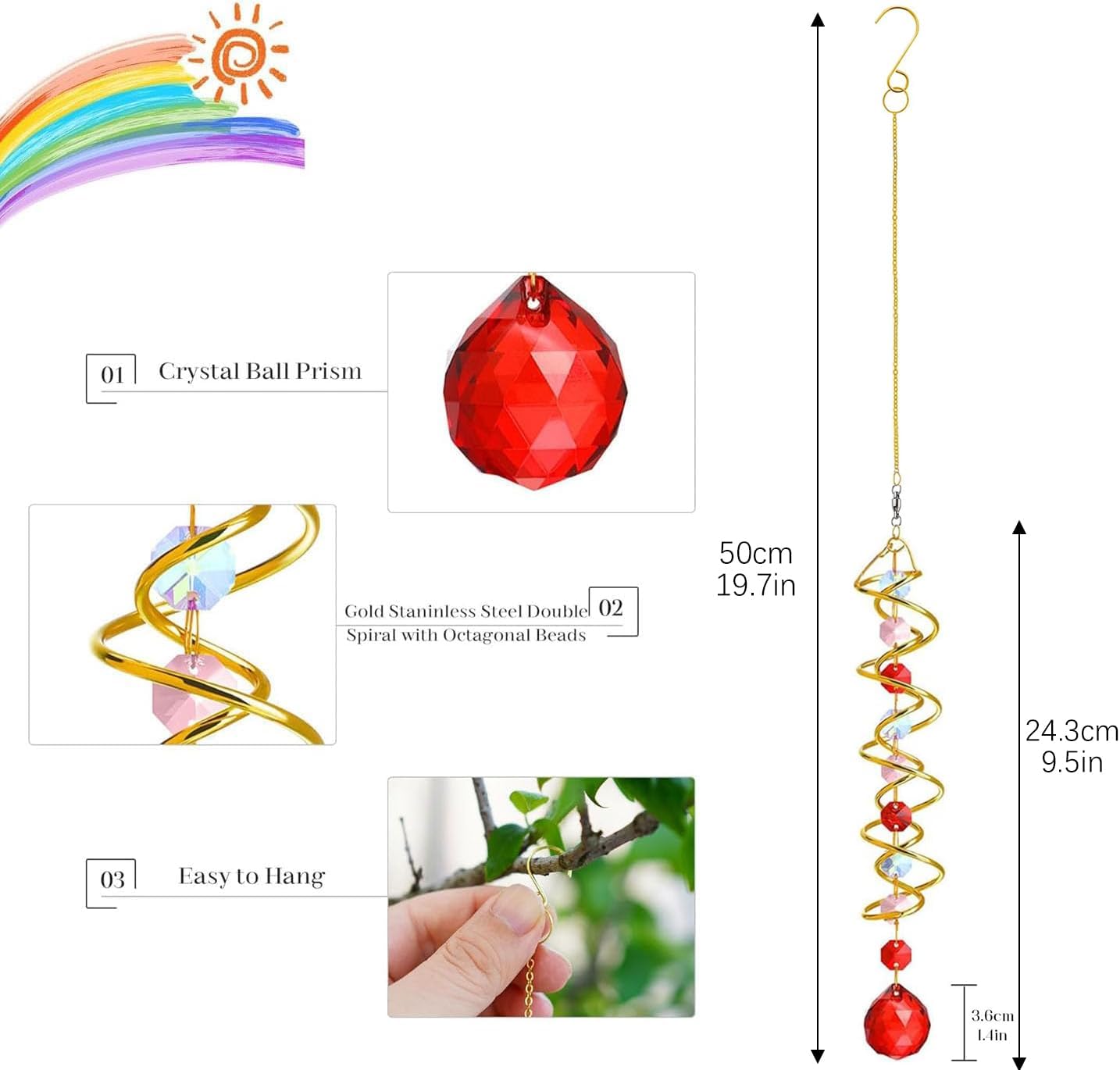 H&D HYALINE & DORA 20.5in Crystal Suncatcher Gazing Ball Spiral Tail,Wind Spinner Sun Catcher with Octagonal Beads,Sun Catchers Window Hanging for Outdoor Garden Decor