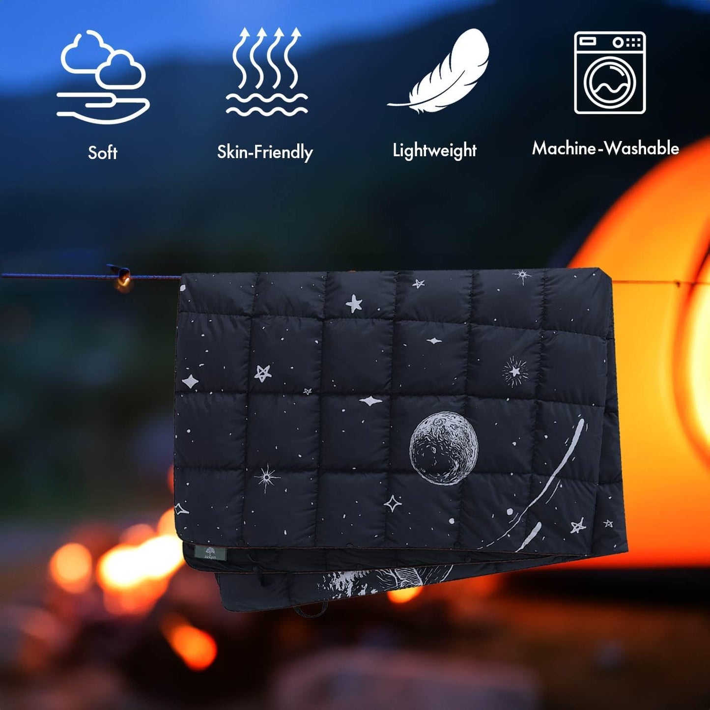 Down Camping Blanket, Ultralight Compact Packable Throw with Snaps for Outdoor Indoor, Travel Stadium Concert Picnic Beach, Puffy 650 Fill Down Water-Resistant Quilt (Midnight Sunrise)