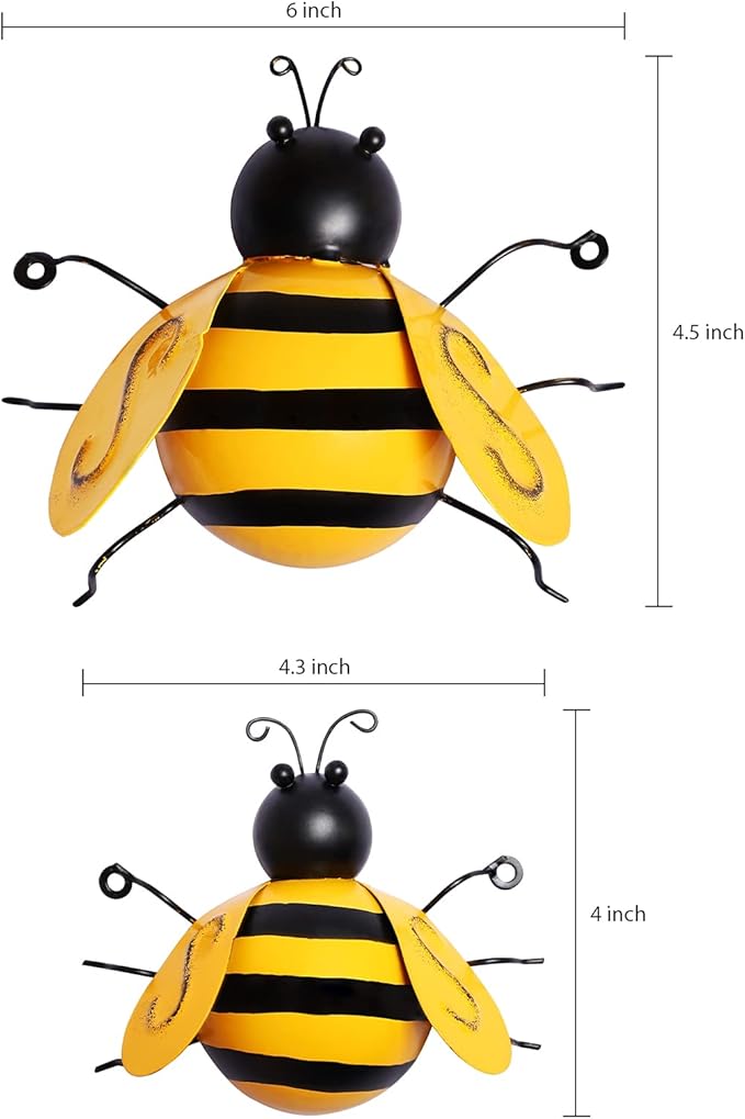 MorTime 4 Pack Metal Bee Wall Art Sculptures Garden Decorations, Hanging Bee Wall Decor Indoor Outdoor Garden Yard Lawn Decor