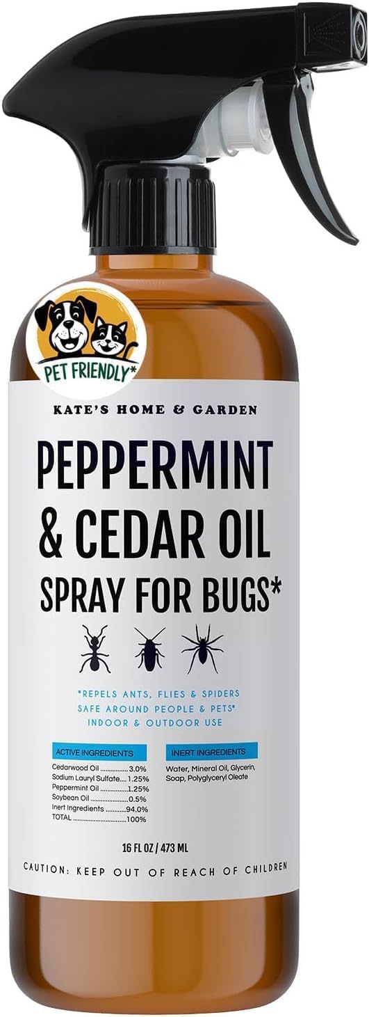 Kate's Home & Garden Peppermint Oil Spray for Bugs, Ants, Insects, Spiders, Roaches, Stink Bug. Pesticide and Insecticide Indoor Repellent Pest Control with Cedar Oil (16oz, Natural, Non Toxic)
