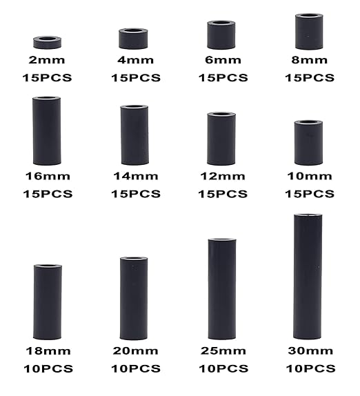 Metric OD 7mm ID 4.2mm Plastic Unthreaded Spacers(2mm to 30 mm) Assortment Kit for M4 Screws;Clearance Spacers;Round Spacers(Black)