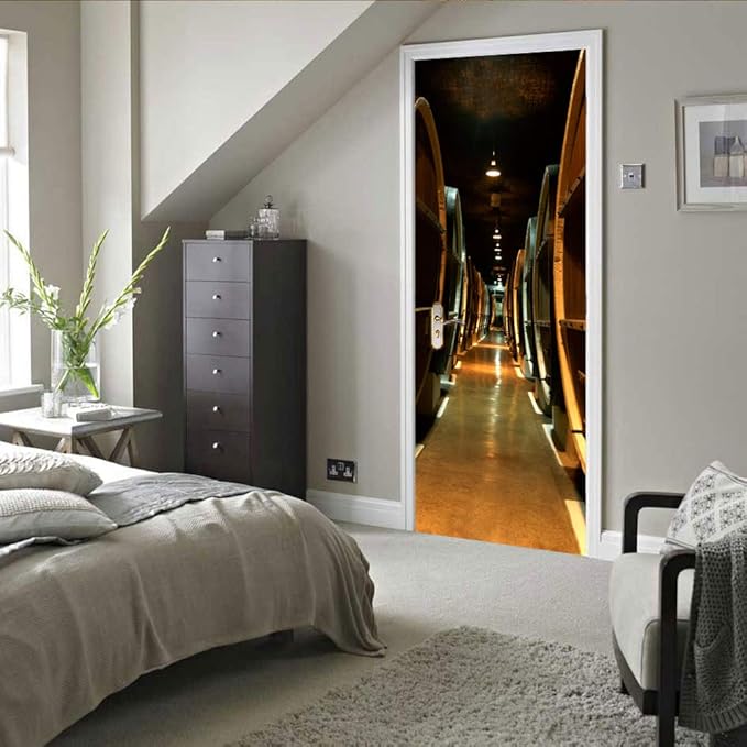 3D Door Stickers Murals - Peel & Stick Wine Cellar Theme - Removable PVC Waterproof Door Poster (31.5" x 78.7")