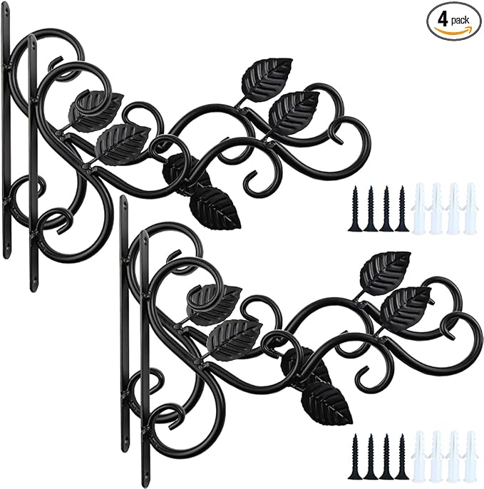 NSBELL 4PCS Plants Hangers Outdoor Indoor Decor, Wall Hooks for Hanging Plant Bracket, Plant Hooks for Bird Feeder, Wind Chime, Lights, Lanterns (Black-4PCS)