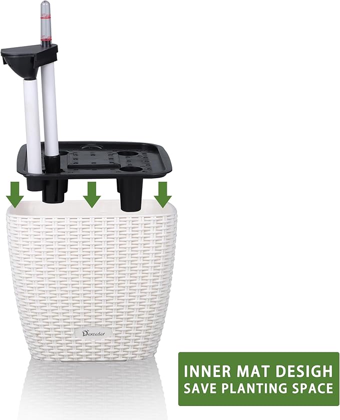 Dexceder 11x10 Self Watering Planter Indoor Outdoor, Inner Mat Design, Thickened Table Flower Plant Pot with Water Level Indicator (Ivory White Rattan)