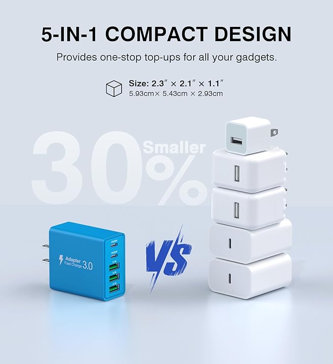 [2-Pack] USB C Wall Charger, 50W USB C Charger Block 5-Port PD Fast Charging Blocks,2USB C+3USB A Multiport Plug,Type C Power Adapter Brick Cube for iPhone 16/15/14/Pro,iPad,Samsung,for Switch（Blue）